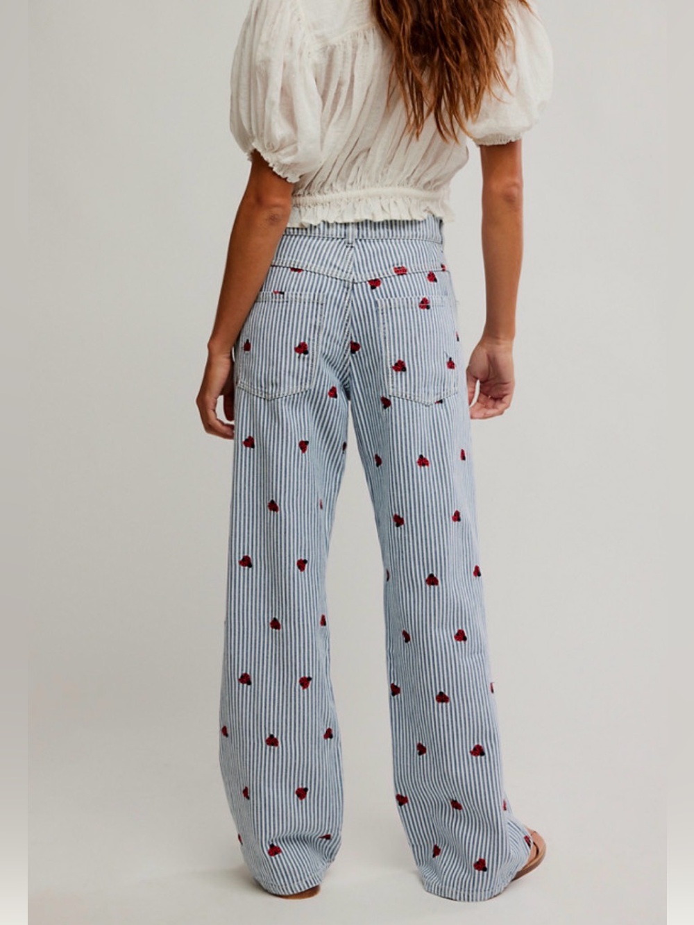 We The Free Free People Bugged out Striped Wide-Leg Jeans with Lady Bug details - Picture 12 of 12